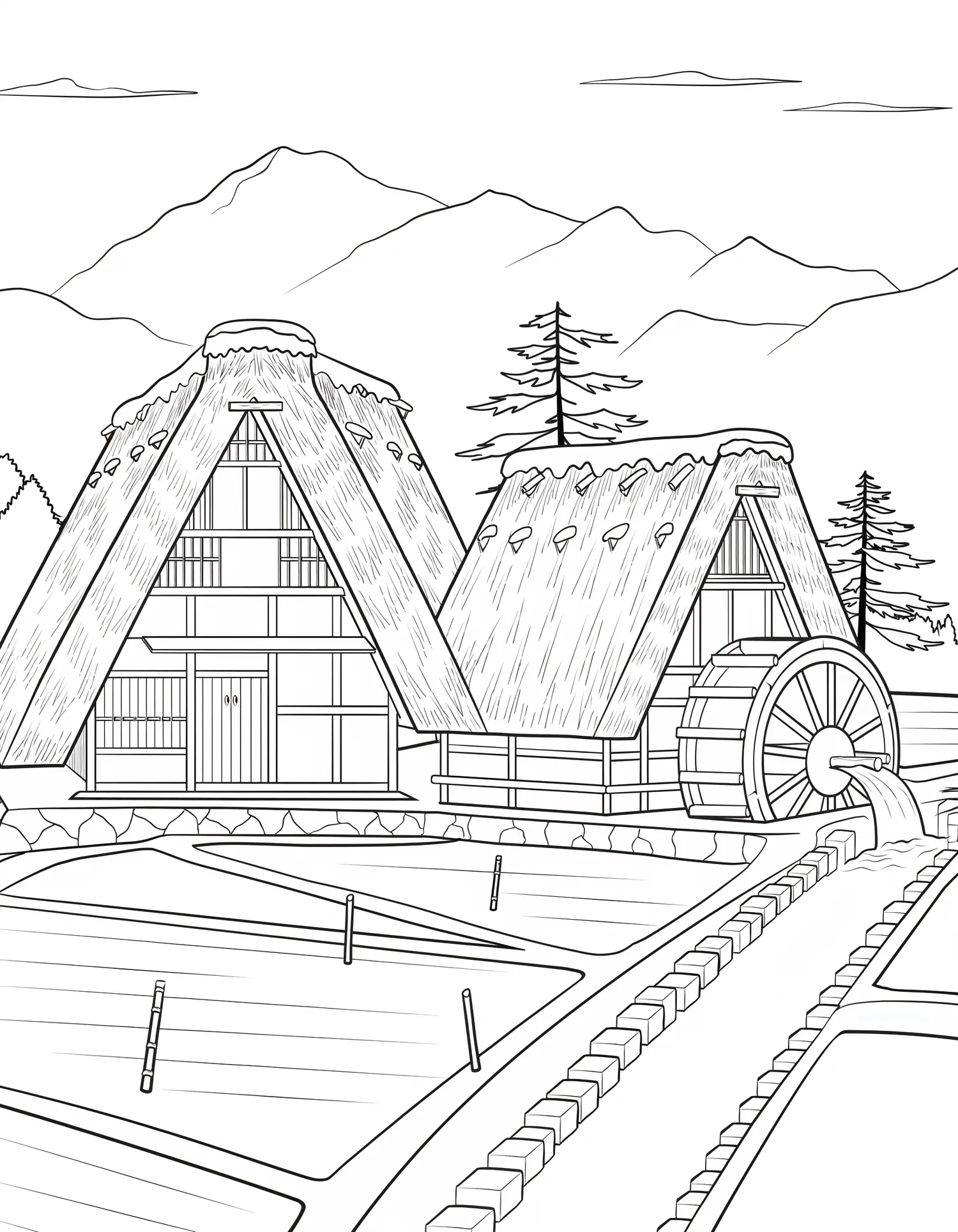 Village Alpin Japonais Toits de Chaume — Coloriage paysage à imprimer gratuitement